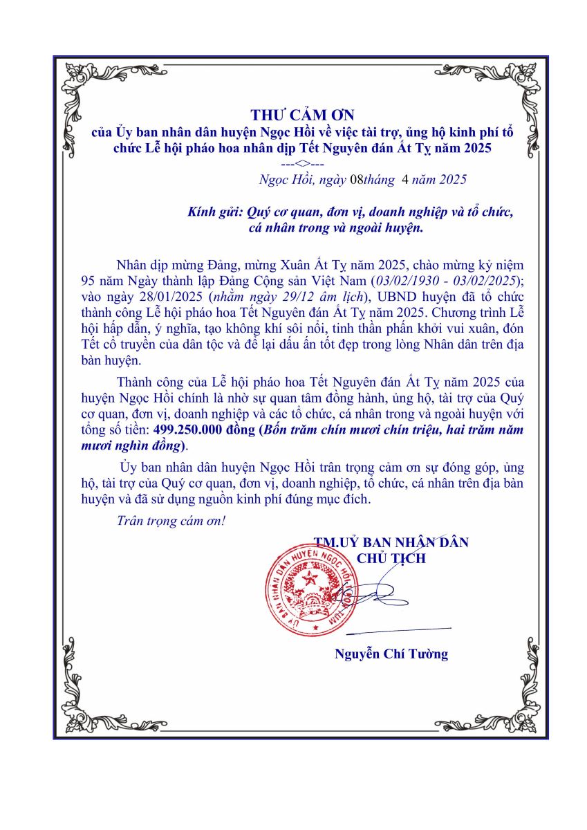 Thư cảm ơn của UBND huyện Ngọc Hồi về việc tài trợ, ủng hộ kinh phí tổ chức Lễ hội pháo hoa nhân dịp Tết Nguyên đán Ất Tỵ năm 2025
